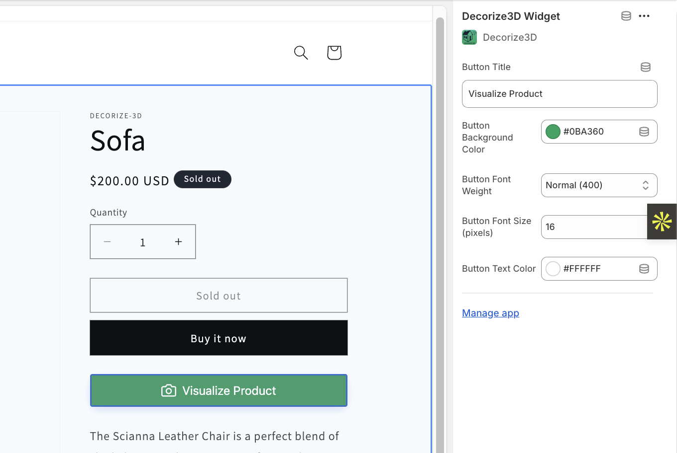Widget customization options showing room visualizer settings